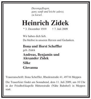 Todesanzeige von Heinrich Zidek von ALLGEMEINE ZEITUNG UELZEN