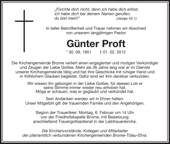Todesanzeige von Günter Proft von ALLGEMEINE ZEITUNG UELZEN