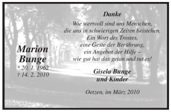 Todesanzeige von Marion Bunge von ALLGEMEINE ZEITUNG UELZEN