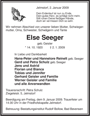 Todesanzeige von Else Seeger von ALLGEMEINE ZEITUNG UELZEN