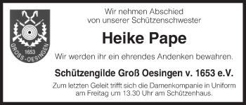 Todesanzeige von Heike Pape von Uelzen