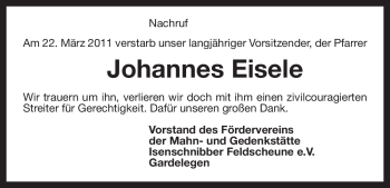 Todesanzeige von Johannes Eisele von ALLGEMEINE ZEITUNG UELZEN