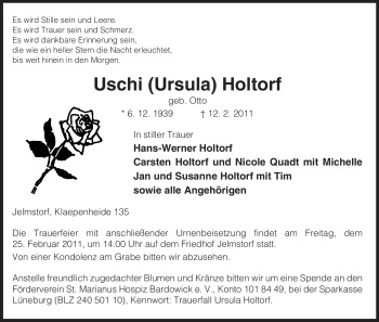 Todesanzeige von Uschi Holtorf von ALLGEMEINE ZEITUNG UELZEN