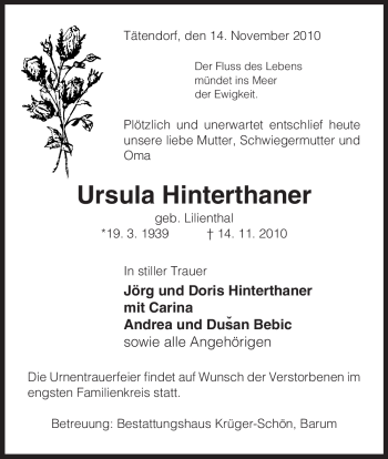 Todesanzeige von Ursula Hinterthaner von ALLGEMEINE ZEITUNG UELZEN