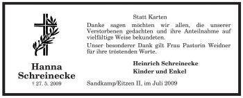 Todesanzeige von Hanna Schreinecke von ALLGEMEINE ZEITUNG UELZEN