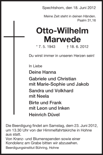 Todesanzeige von Otto-Wilhelm Marwede von ALLGEMEINE ZEITUNG UELZEN
