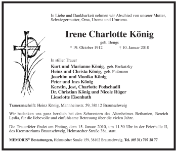 Todesanzeige von Irene Charlotte König von ALLGEMEINE ZEITUNG UELZEN