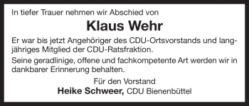Todesanzeige von Klaus Wehr von ALLGEMEINE ZEITUNG UELZEN