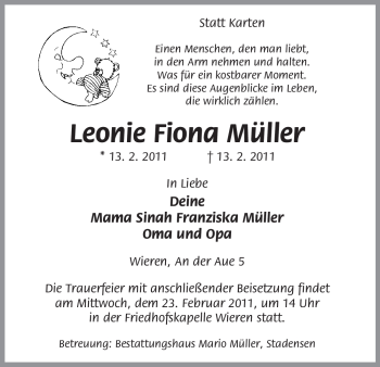 Todesanzeige von Leonie Fiona Müller von ALLGEMEINE ZEITUNG UELZEN