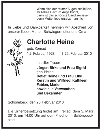 Todesanzeige von Charlotte Heine von ALLGEMEINE ZEITUNG UELZEN