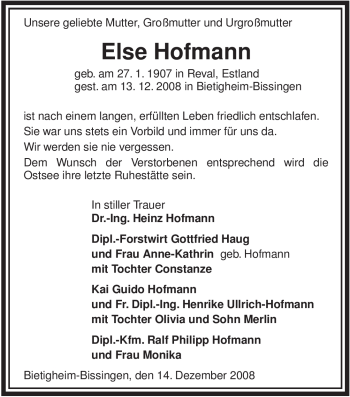 Todesanzeige von Else Hofmann von ALLGEMEINE ZEITUNG UELZEN