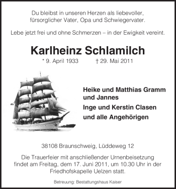 Todesanzeige von Karlheinz Schlamilch von ALLGEMEINE ZEITUNG UELZEN