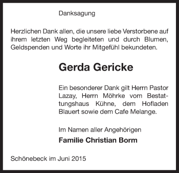 Todesanzeige von Gerda Gericke von Uelzen