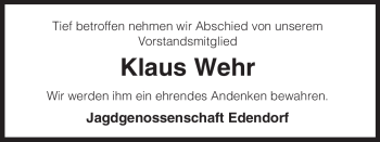 Todesanzeige von Klaus Wehr von ALLGEMEINE ZEITUNG UELZEN