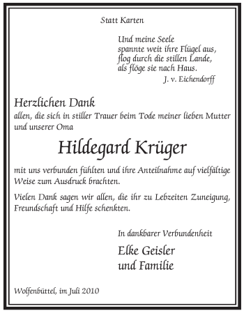 Todesanzeige von Hildegard Krüger von ALLGEMEINE ZEITUNG UELZEN