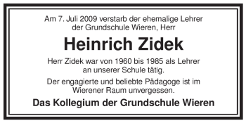 Todesanzeige von Heinrich Zidek von ALLGEMEINE ZEITUNG UELZEN