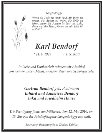Todesanzeige von Karl Bendorf von ALLGEMEINE ZEITUNG UELZEN