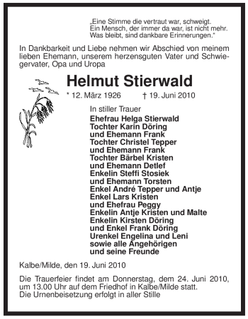 Todesanzeige von Helmut Stierwald von ALLGEMEINE ZEITUNG UELZEN