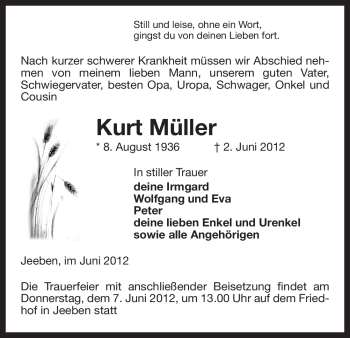 Todesanzeige von Kurt Müller von ALLGEMEINE ZEITUNG UELZEN