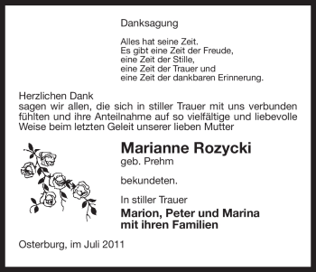 Todesanzeige von Marianne Rozycki von ALLGEMEINE ZEITUNG UELZEN