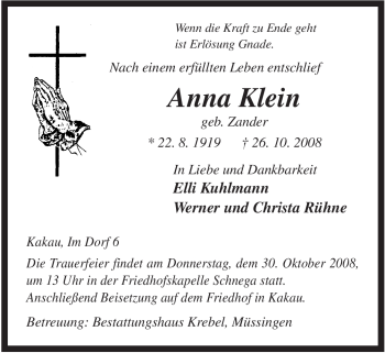 Todesanzeige von Anna Klein von ALLGEMEINE ZEITUNG UELZEN