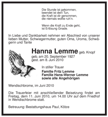 Todesanzeige von Hanna Lemme von ALLGEMEINE ZEITUNG UELZEN