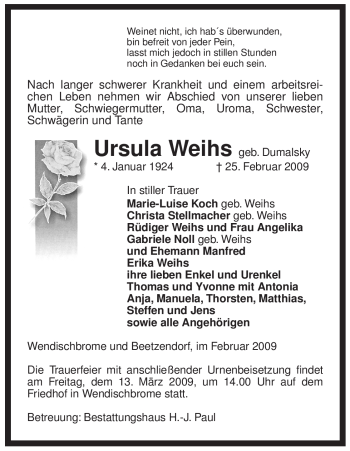 Todesanzeige von Usula Weihs von ALLGEMEINE ZEITUNG UELZEN