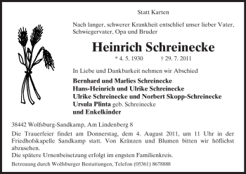 Todesanzeige von Heinrich Schreinecke von ALLGEMEINE ZEITUNG UELZEN