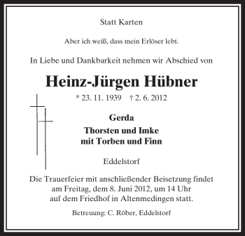 Todesanzeige von Heinz-Jürgen Hübner von ALLGEMEINE ZEITUNG UELZEN