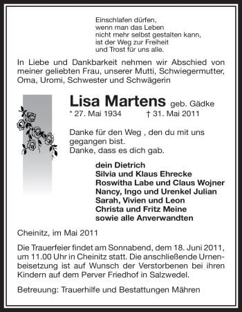 Todesanzeige von Lisa Martens von ALLGEMEINE ZEITUNG UELZEN