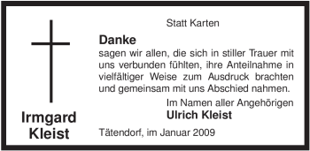 Todesanzeige von Irmgard Kleist von ALLGEMEINE ZEITUNG UELZEN