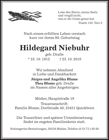 Todesanzeige von Hildegard Niebuhr von ALLGEMEINE ZEITUNG UELZEN