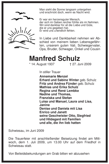 Todesanzeige von Manfred Schulz von ALLGEMEINE ZEITUNG UELZEN
