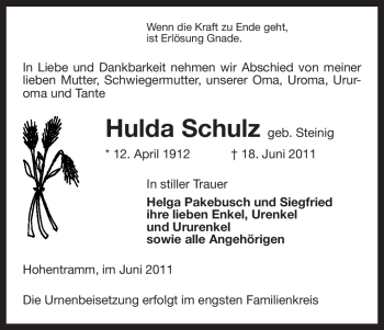 Todesanzeige von Hulda Schulz von ALLGEMEINE ZEITUNG UELZEN