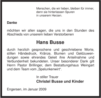 Todesanzeige von Hans Busse von ALLGEMEINE ZEITUNG UELZEN