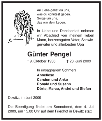 Todesanzeige von Günter Pengel von ALLGEMEINE ZEITUNG UELZEN