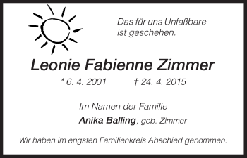 Todesanzeige von Leonie Fabienne Zimmer von Uelzen