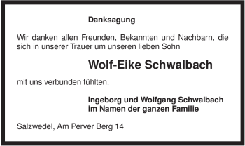 Todesanzeige von Wolf-Eike Schwalbach von ALLGEMEINE ZEITUNG UELZEN