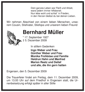 Todesanzeige von Bernhard Müller von ALLGEMEINE ZEITUNG UELZEN