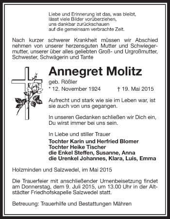 Todesanzeige von Annegret Molitz von Uelzen