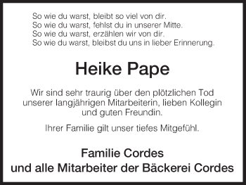 Todesanzeige von Heike Pape von Uelzen