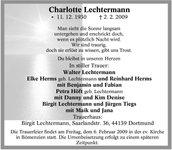 Todesanzeige von Charlotte Lechtermann von ALLGEMEINE ZEITUNG UELZEN