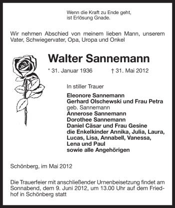 Todesanzeige von Walter Sannemann von ALLGEMEINE ZEITUNG UELZEN