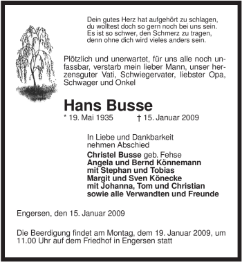 Todesanzeige von Hans Busse von ALLGEMEINE ZEITUNG UELZEN