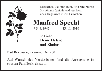 Todesanzeige von Manfred Specht von ALLGEMEINE ZEITUNG UELZEN