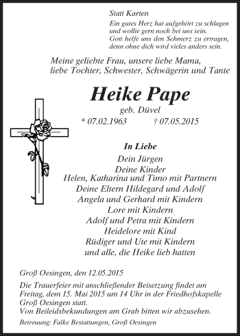 Todesanzeige von Heike Pape von Uelzen
