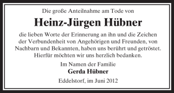 Todesanzeige von Heinz-Jürgen Hübner von ALLGEMEINE ZEITUNG UELZEN