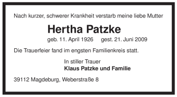 Todesanzeige von Hertha Patzke von ALLGEMEINE ZEITUNG UELZEN