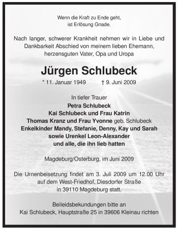 Todesanzeige von Jürgen Schlubeck von ALLGEMEINE ZEITUNG UELZEN