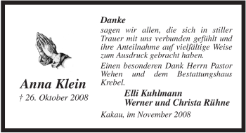 Todesanzeige von Anna Klein von ALLGEMEINE ZEITUNG UELZEN